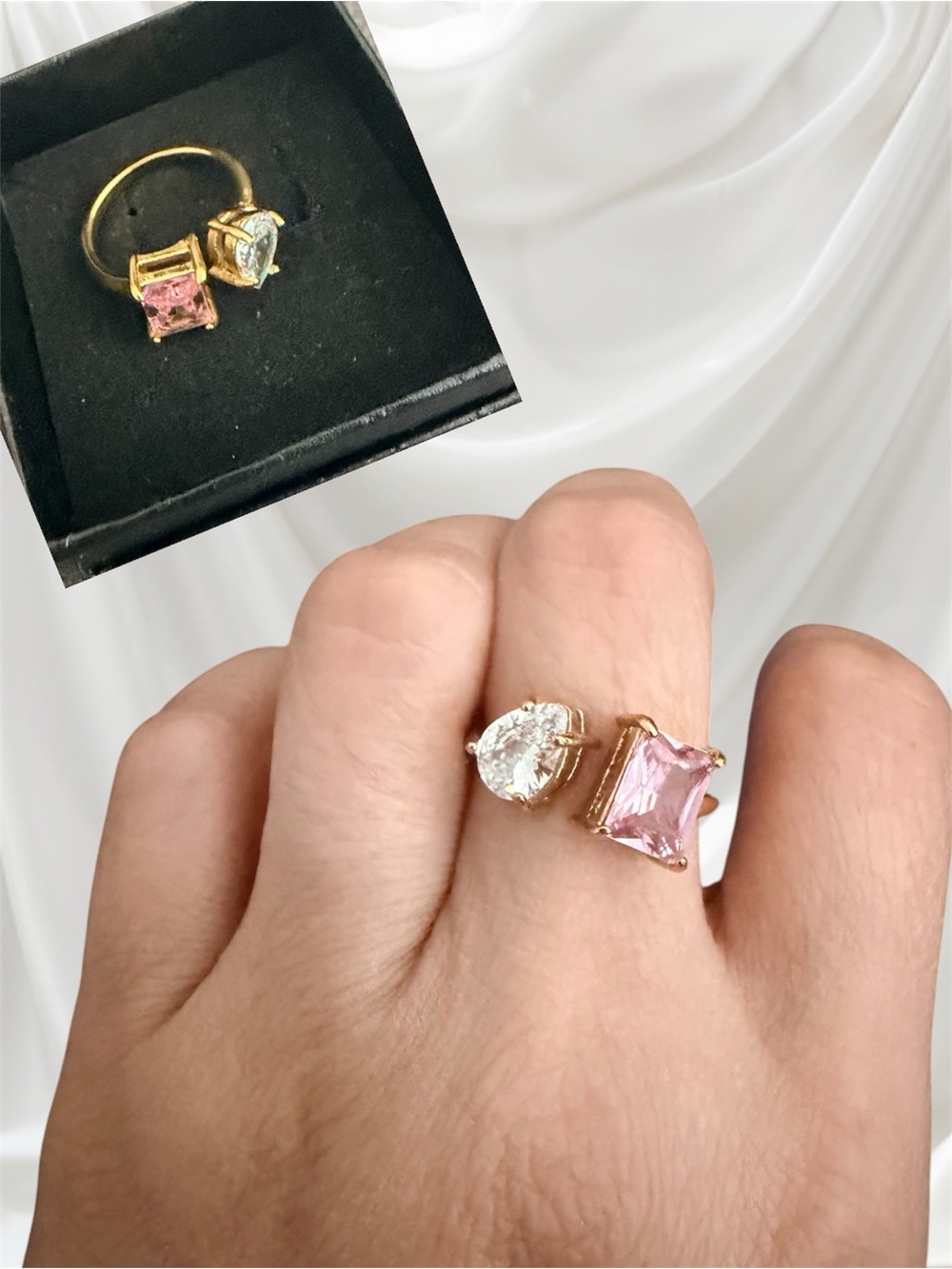 Gold Open Ring with Pink Square and Clear Pear Stones - adjustable